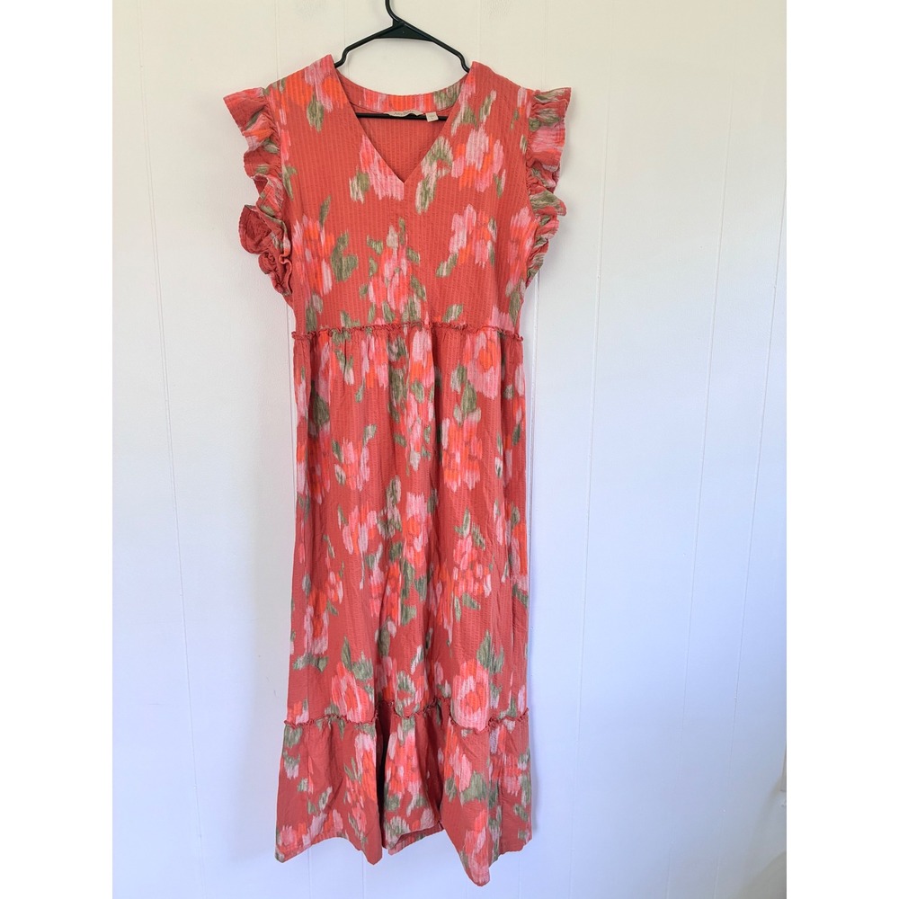 AnyBody Women Coral Floral Cotton Gauze Ruffle Sleeve Tiered Maxi Dress Large